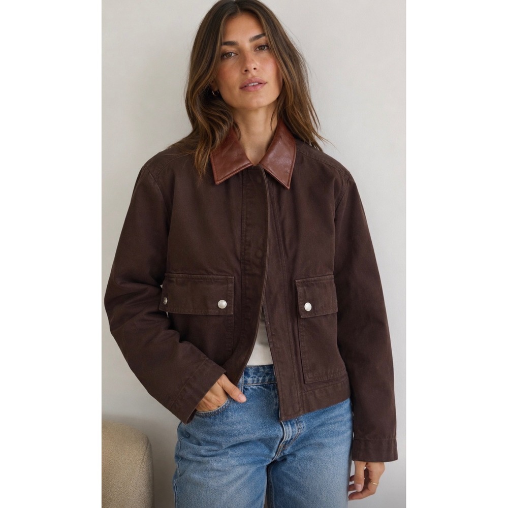 Mango MNG Brown Cotton Canvas Barn Jacket with Faux Leather Collar XS Excellent